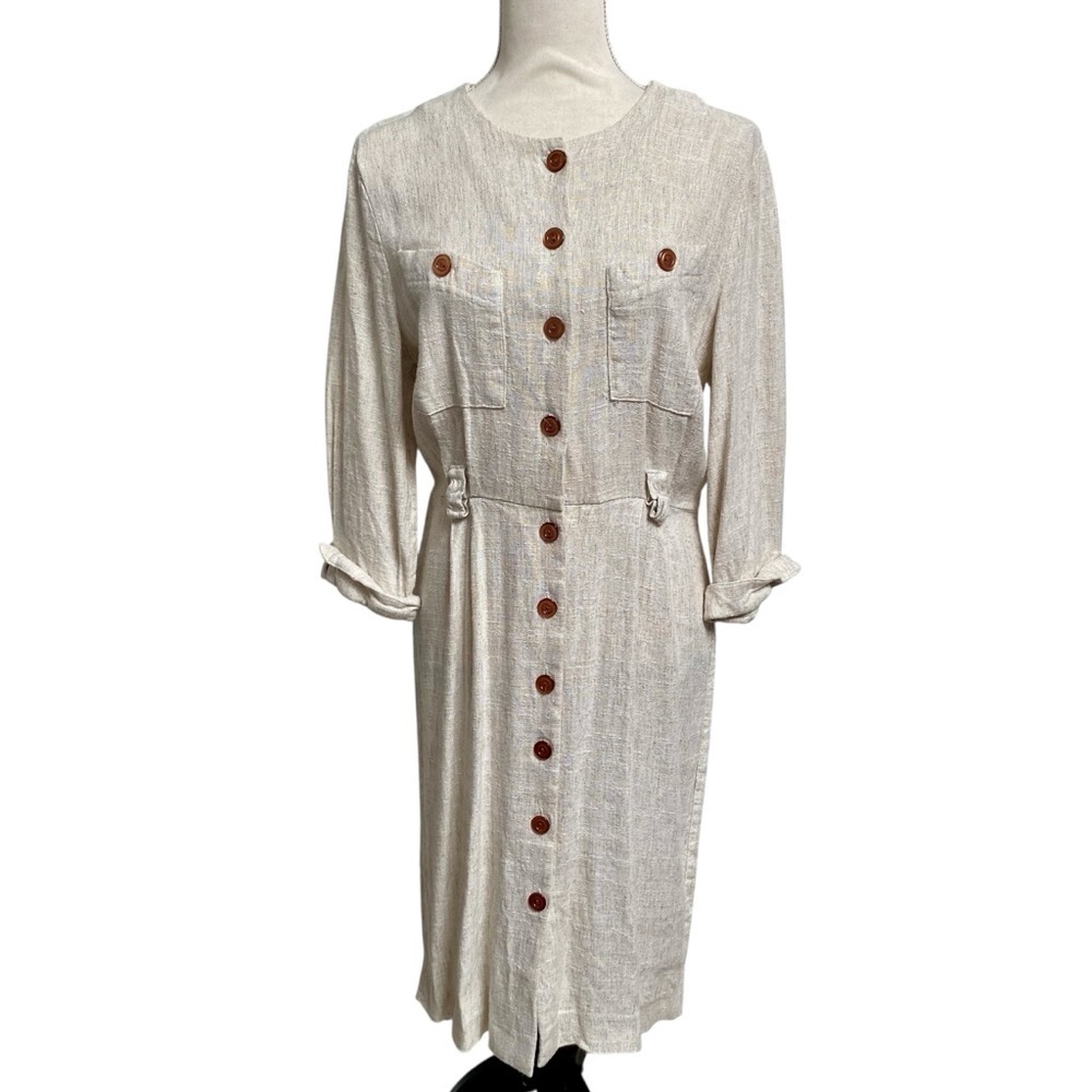 Vintage Peri Petites Flax Blend Shirt Dress Beige Button Front Midi USA Made M